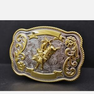 HUGE 122*86MM MAN BULL RIDE RODEO COWBOY GOLD TEXAS WESTERN BELT BUCKLE